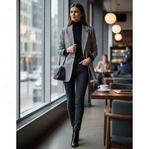 Jones Wear Womens Gray Plaid Blazer Jacket Single-Button Closure Long Sleeve Cla